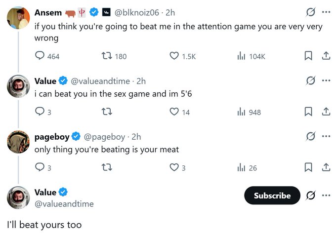 A screenshot of a Twitter/X exchange where 'Ansem' posts 'if you think you're going to beat me in the attention game you are very very wrong,' followed by replies from 'Value' and 'pageboy' with sexually suggestive banter.