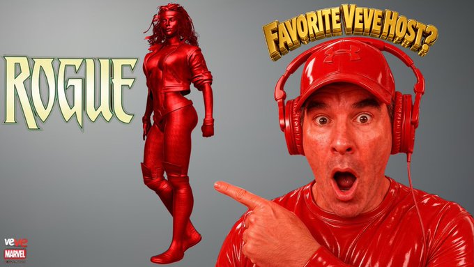 The cover of the 'VeVe Marvel' digital collectible app featuring a red-suited Rogue action figure alongside a surprised man in red attire and headphones, captioned 'FAVORITE VEVE HOST?'