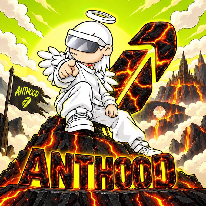 A chibi-style mascot wearing white attire, sunglasses, and a halo points forward while seated atop a fiery volcano, with a black flag reading "ANTHOOD" beside a large lava-textured "ANTHOOD" logo — visually branding the free mint giveaway for ANTHOOD crypto token on Robinhood Crypto mentioned in the post.