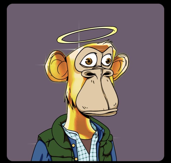 In the image, a monkey wearing a green jacket with a white collar, along with a blue plaid shirt, is posed standing against a purple background, looking directly at the camera with its face lit up as if smiling or laughing. The caption reads "This gold @BoredApeYC just sold for ?".