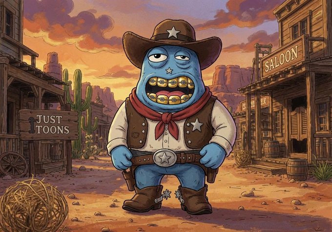 A cartoon cowboy character with blue skin, gold teeth, and a sheriff badge stands in a Wild West town with a 'SALOON' and a 'JUST TOONS' sign in the background.
