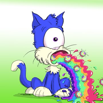 A cartoon-style drawing of a blue cat vomiting a stream of rainbow liquid filled with colorful coronavirus particles onto a green background.