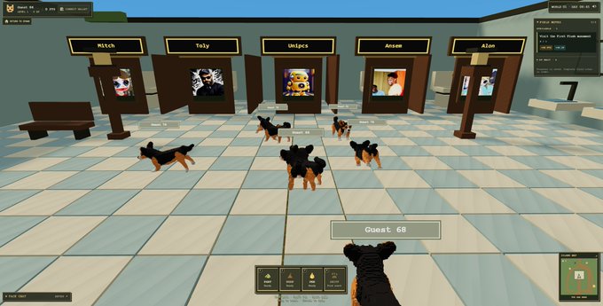 This appears to be a screenshot from "WAX Pets," a blockchain-based virtual pet game where players can buy, raise, and trade digital dogs, showcasing how crypto gaming has evolved into interactive experiences with recognizable game mechanics. The image shows a digital pet shop with named dogs (Witch, Toby, Unipcs, Aeson, Alan) and a player labeled "Guest: 68," highlighting the platform's player-driven economy and collection-based gameplay.