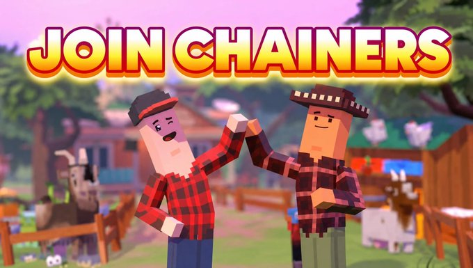 A colorful thumbnail-style graphic featuring Minecraft-style blocky characters in plaid shirts fist-bumping, with the bold text 'JOIN CHAINERS' at the top.