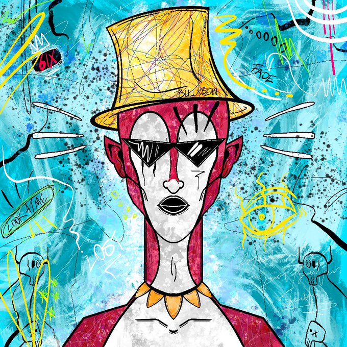 The image features a cartoon-style drawing of a person wearing sunglasses, a top hat, and a necklace with a pendant. The person appears to be wearing a gold top hat that has a yellow flower design on it. The background includes various graffiti elements such as lines, dots, and splatters in different colors like blue, green, red, and black. The post also mentions the artist's name, @VoidSaintsETH, which suggests that this artwork is likely created by an artist named VoidSaintsETH.