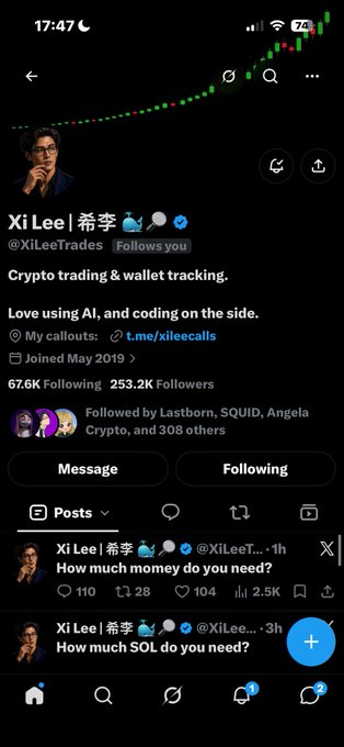 A screenshot of an X (Twitter) profile page for "Xi Lee | 希李" (@XiLeeTrades), a crypto trader with 67.6K following and 253.2K followers.