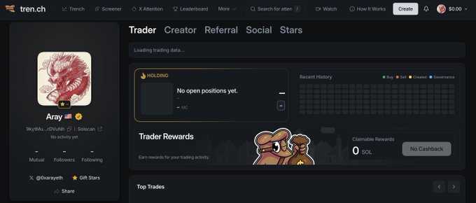 A screenshot of the tren.ch platform showing user "Aray" (@0xarayeth) profile with a dragon avatar, displaying an empty holdings section ("No open positions yet") and $0.00 in Claimable Rewards, suggesting the account has just been set up on the Trenches trading platform.