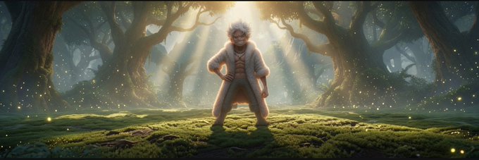 A digital illustration of a white-haired character in a martial arts or fighting stance within a sunlit, mystical forest filled with glowing particles.