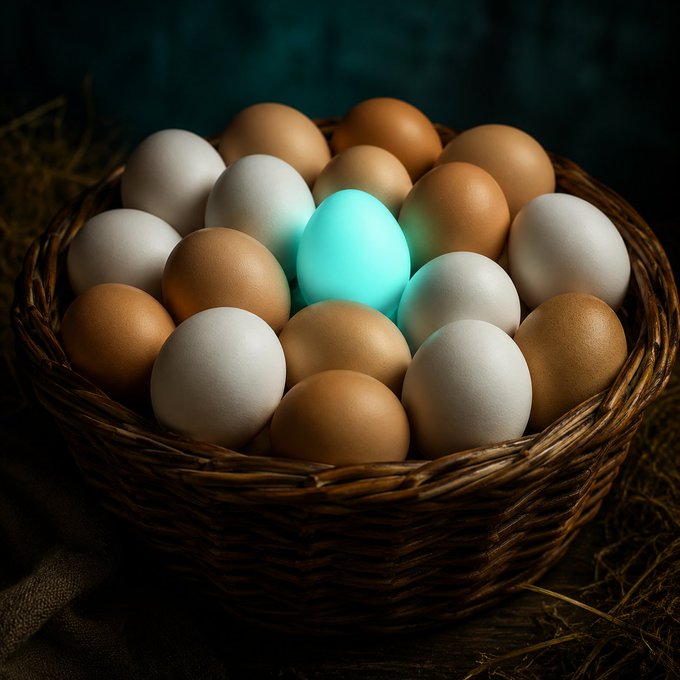 A rustic wicker basket filled with brown and white eggs features one glowing turquoise egg at its center, visually representing the "$EGG" token as a standout "rare" find among ordinary eggs. The image cleverly mirrors the post's comparison by symbolizing the crypto token as the most valuable, yet cheapest, egg in the basket.