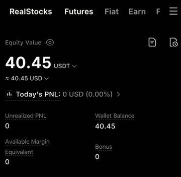 The image shows a MEXC futures trading account dashboard displaying an Equity Value of 40.45 USDT with a Wallet Balance of 40.45 USDT, 0 USD in today's PNL, and 0 in available margin and bonus. This relates to the post by demonstrating the type of small futures balance that the $40 Futures Bonus promotion is designed to help users grow, while the empty "Bonus" field highlights the potential reward users can claim by registering through the provided link.
