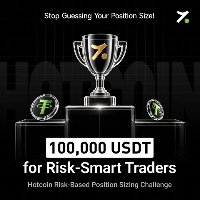 A promotional graphic for the Hotcoin Risk-Based Position Sizing Challenge features a silver trophy centered on a black pedestal between two green "T" tokens, with text announcing "100,000 USDT for Risk-Smart Traders" and the headline "Stop Guessing Your Position Size!"—visually reinforcing the campaign's focus on disciplined, risk-aware trading.