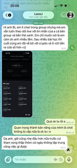 The image shows a Vietnamese-language Telegram chat between "LocoJ" and another user discussing crypto markets and trading analysis, including screenshots of "Futures PNL Analysis" showing a PNL Data total of 17,969.75 USDT with positions in coins like BTC, ETH, SOL, and PEPE. The conversation reflects the accompanying post's message about still being active in the market and encouraging others to share information widely, rather than hoarding it.