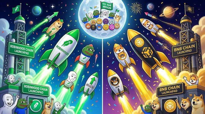 A colorful digital illustration depicting a "ROBINHOOD CHAIN LAUNCHPAD" on the left and a "BNB CHAIN LAUNCHPAD" on the right, with rockets flying toward a moon labeled "TO THE MOON".