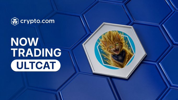 A Crypto.com promotional graphic announcing 'NOW TRADING ULTCAT', featuring a hexagonal coin with a stylized cat illustration on a blue honeycomb background.
