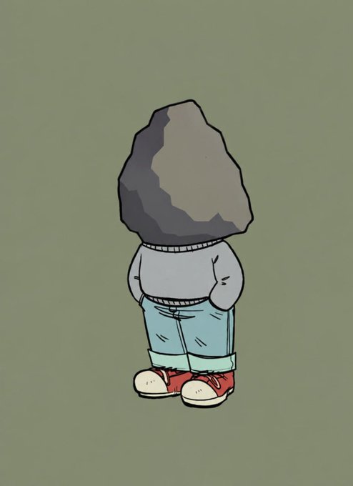 A cartoon illustration of a small figure wearing a grey hoodie, blue rolled-up jeans, and red sneakers, with a large grey rock where its head should be, set against a plain olive-green background.