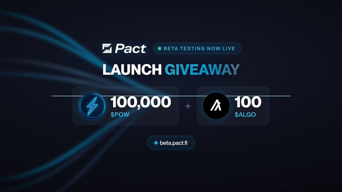The image features a poster with blue lines, displaying information about a beta testing event for Pact. The poster includes text that announces the beta testing of Pact's beta version, stating that beta testing is now live and that there are two prizes available - 100,000 $POW and 100 $ALGO. The poster also mentions that the beta testing will end at 6:19 EST on Sunday, June 19th.