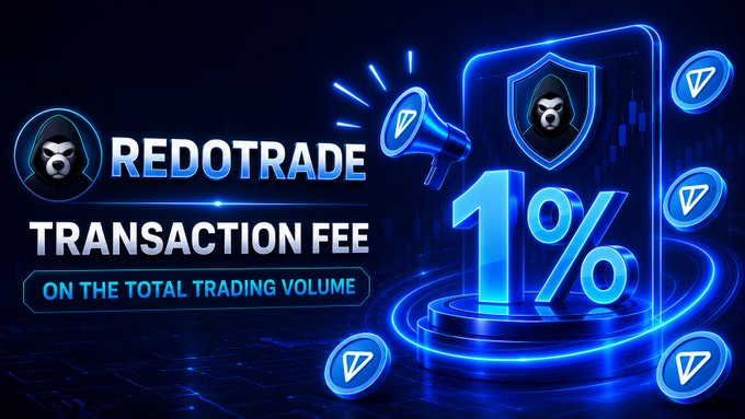 The image shows a promotional poster for RedoTrade with a focus on its trading volume improvements. The poster features a blue shield with a red "H" on top, surrounded by a blue circle containing five coins. A megaphone is positioned above the shield, and there are two text boxes below it that read "Redotrade" and "1%". The background of the poster is dark blue, and there's a small white text box in the bottom right corner that reads "ON THE TOTAL TRADING VOLUME".