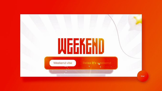 The image features a vibrant weekend-themed graphic with the bold text "WEEKEND" displayed prominently in white against a white background with red/orange radial accents. Below it reads "Weekend vibe" and "Relax it's weekend," fitting the post's celebratory weekend mood while referencing the NomismaNetwork campaign countdown mentioned in the caption.