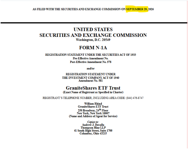 SEC Form N-1A filing for GraniteShares ETF Trust, dated September 29, 2026, listing William Rhind as agent for service with copies to Andrew J. Davalla at Thompson Hine LLP.