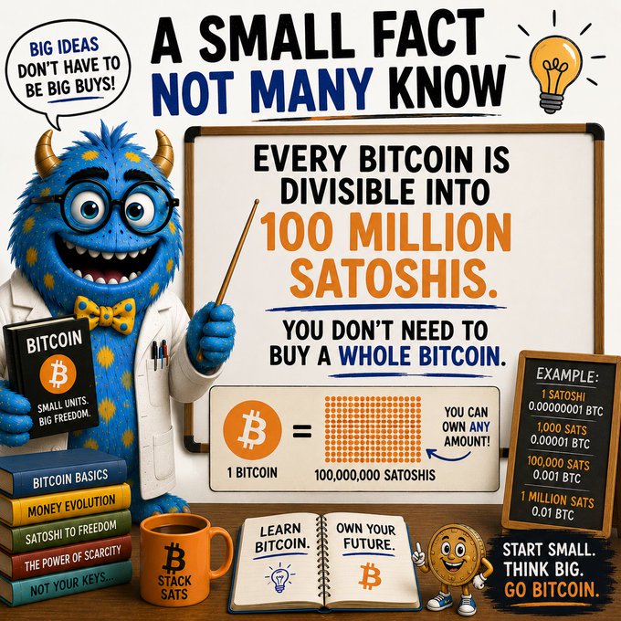 A cheerful blue monster mascot in a lab coat stands beside a whiteboard explaining that every Bitcoin is divisible into 100 million satoshis, making small purchases possible, with examples like 1 satoshi = 0.00000001 BTC and 1 million sats = 0.01 BTC—reinforcing the post's message to "Start Small. Stack Sats."