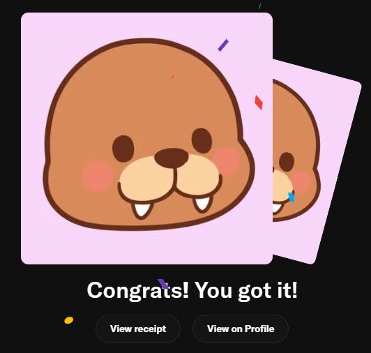 A digital congratulatory message featuring a cartoon walrus head with two small tusks on a pink background, with text reading "Congrats! You got it!" and buttons labeled "View receipt" and "View on Profile."