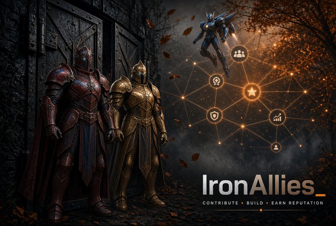 A fantasy-themed promotional image for 'IronAllies' with the tagline 'CONTRIBUTE • BUILD • EARN REPUTATION,' featuring armored knights and a mecha character alongside a network/gamification icon diagram.