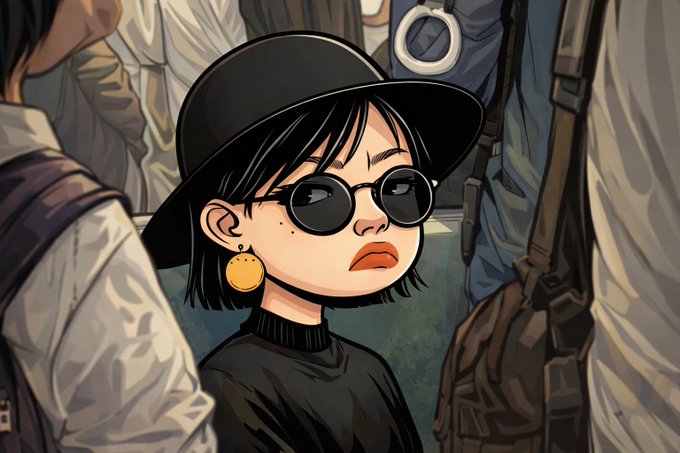 An illustrated portrait of a woman with short black hair, wearing a wide-brimmed black hat, round black sunglasses, orange lipstick, and a yellow circular earring, dressed in a black turtleneck.
