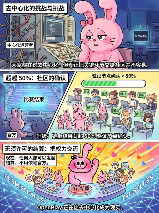 A Chinese-language comic strip featuring a pink rabbit character promoting 'OpenPlay' and decentralized concepts like 'PERMISSIONLESS', 'TRUSTLESS', and 'Decentralization' through illustrations of validation nodes and self-settlement.