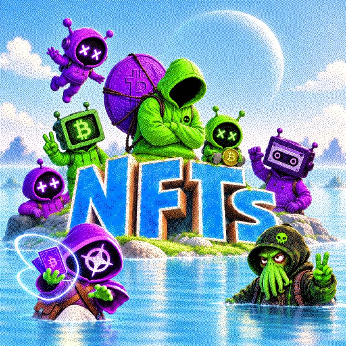 A vibrant retro-style pixel art illustration featuring various NFT characters including a green hoodie figure, robots with Bitcoin logos, and purple robots, arranged around large blue 'NFTS' text on a tropical island setting.