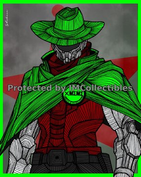 An illustration depicts a character wearing a green cowboy hat and cape with metallic robotic features, watermarked 'Protected by IMCollectibles'.