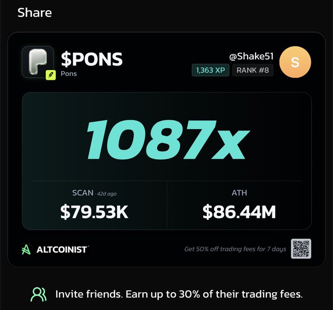 A sharing screen showing $PONS token statistics with a 1087x multiplier, current value of $79.53K, and an ATH (all-time high) of $86.44M, credited to user @Shake51.