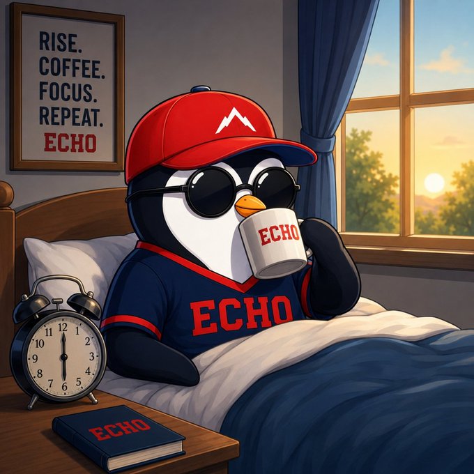 The image features a cartoon penguin wearing a baseball uniform with the word "Echo" written across its chest. The penguin is sitting up in bed, holding a coffee cup in one hand and a book in the other. There are also two clocks visible in the scene - an alarm clock on the left side of the bed and another clock near the bottom right corner.

The post includes text that reads "Good morning everyone, Happy Friday, Study on @base Bullish on @KiiChainio". The phrase "study" is repeated multiple times throughout the image, suggesting a connection between the penguin's activities in the scene and the content of the post.