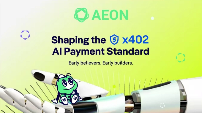 The image features an advertisement that shows a cartoon character of a green frog sitting beside a payment standard logo with the text "Shaping the $x402 AI Payment Standard". The cartoon character appears to be exploring or inspecting this payment standard, and there are three white robots in the background. The text in the image discusses how @AEON's involvement was considered an early adopter of this payment standard, and it further elaborates on their position as one of the leading players in the AI-driven payment ecosystem for the agentic economy.