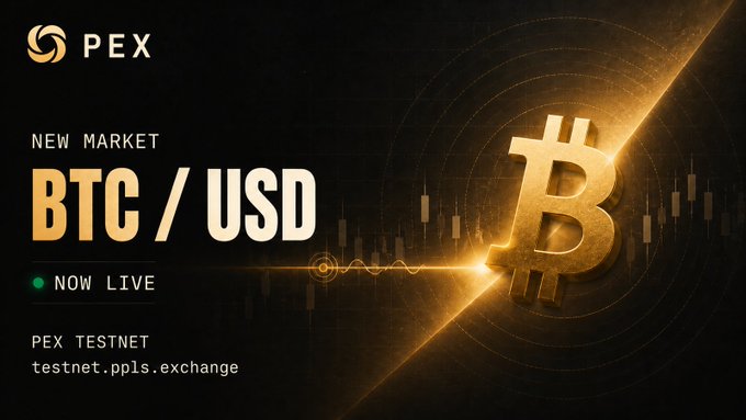Promotional banner for PEX exchange announcing a new BTC/USD market now live on their testnet at testnet.ppls.exchange, featuring a large golden Bitcoin symbol and candlestick chart graphic.