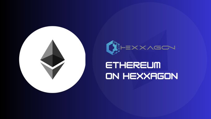 A promotional graphic with the Ethereum logo on the left and the text 'HEXXAGON' and 'ETHEREUM ON HEXXAGON' on a blue gradient background.