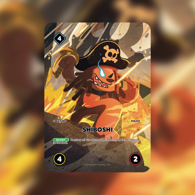 A collectible trading card featuring an orange creature in a pirate hat named 'SHIBOSHI', classified as a 'CREATURE' and 'PIRATE', with stats of 4 and 2, and a 'HAUNT' ability to destroy creatures that destroyed this creature.