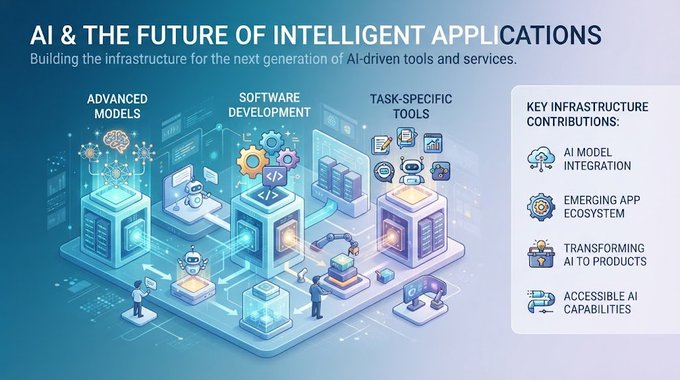 A presentation slide titled 'AI & THE FUTURE OF INTELLIGENT APPLICATIONS' depicting isometric illustrations of AI infrastructure labeled 'ADVANCED MODELS', 'SOFTWARE DEVELOPMENT', and 'TASK-SPECIFIC TOOLS', with a sidebar listing key contributions like 'AI MODEL INTEGRATION' and 'EMERGING APP ECOSYSTEM'.