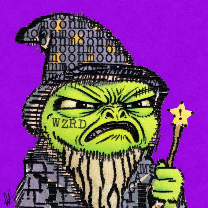 A graffiti-style digital illustration of a green, angry-faced character wearing a wizard hat and holding a star-tipped wand, featuring the text 'WZRD' and 'MAGIC' against a purple background.