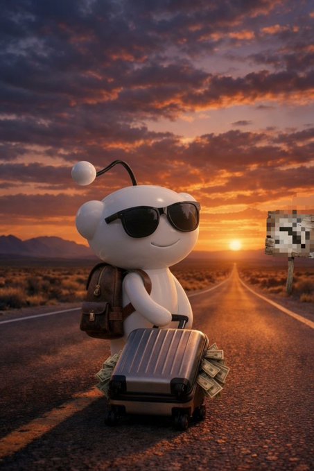 An AI-generated image of the Reddit mascot Snoo wearing sunglasses and carrying a backpack, standing on a desert road at sunset with a suitcase overflowing with money.
