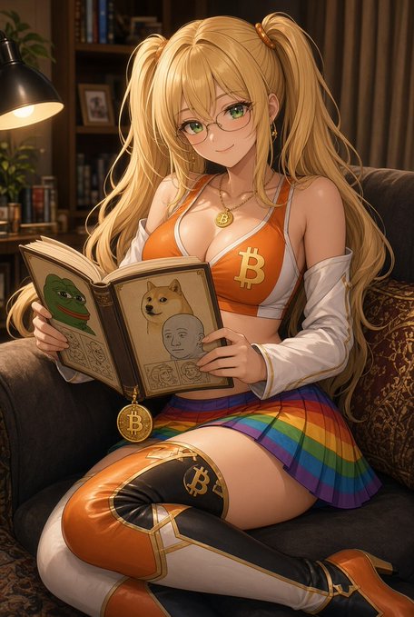 An anime-style illustration depicts a blonde woman wearing glasses and a Bitcoin-themed orange bikini top, reading a book featuring Pepe and Doge memes while seated on a couch.