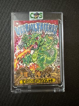 A vintage trading card titled 'MEAN LEAN FIGHTING MACHINE' featuring a green mutant creature destroying buildings, with 'DRIVEN BY AM' at the bottom and a 'CGS' sticker on the protective case.