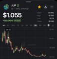 The image displays a cryptocurrency price chart showing JUP (Jupiter) at $1.055, with a 24-hour change of -24.95%, illustrating the kind of product on the Solana ecosystem mentioned in the post as a worthwhile investment. The visible candlestick chart highlights recent downward price action despite the post's bullish sentiment toward builders in the space.