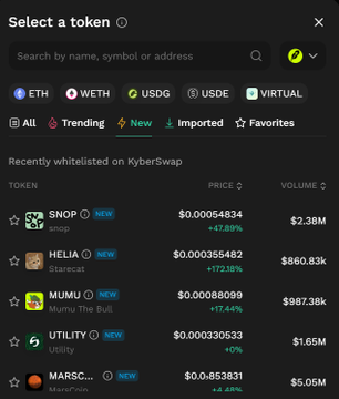 A dark-themed 'Select a token' interface on KyberSwap showing recently whitelisted tokens including SNOP, HELIA, MUMU, UTILITY, and MARSC, with their prices and 24-hour volume.