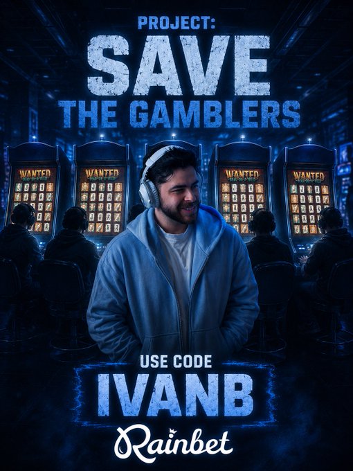 A promotional advertisement for Rainbet featuring a man in a hoodie and headphones in front of slot machines, with text reading 'PROJECT: SAVE THE GAMBLERS' and 'USE CODE IVANB'.