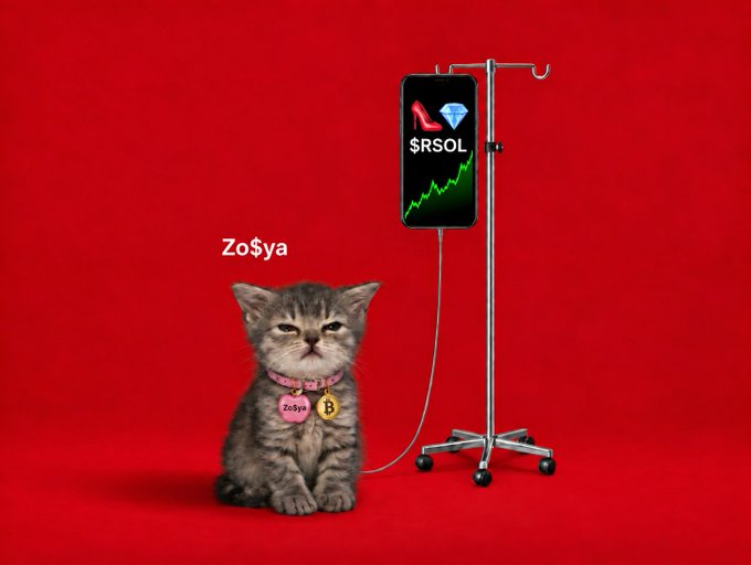 A grumpy-looking gray tabby kitten with a Bitcoin collar tag sits next to an IV stand displaying a '$RSOL' token chart against a red background, labeled 'Zo$ya'.