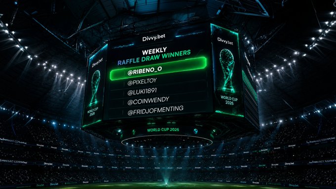 A large stadium jumbotron displays the "Divvy.bet WEEKLY RAFFLE DRAW WINNERS" for the World Cup 2026, featuring highlighted winner "@RIBENO_0" along with @PIXELTOY, @LUKI891, @COINWENDY, and @FRIDJOFMENTING against the glow of the World Cup trophy. The image visually reinforces the announcement of the 30 SOL prize pool winners, matching the call-to-action to join the weekly raffle at divvy.bet/world-cup-2026.