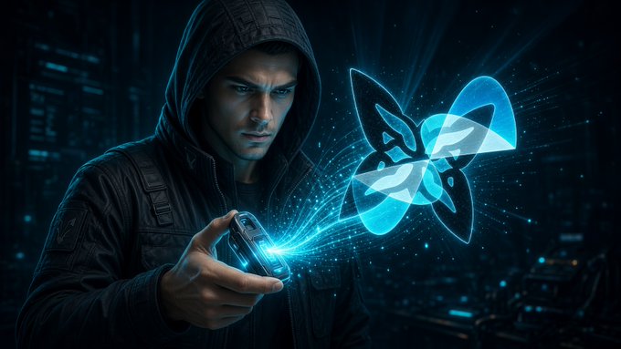 A hooded man in tactical gear holding a device that emits a glowing blue butterfly hologram against a dark, digital cityscape background.