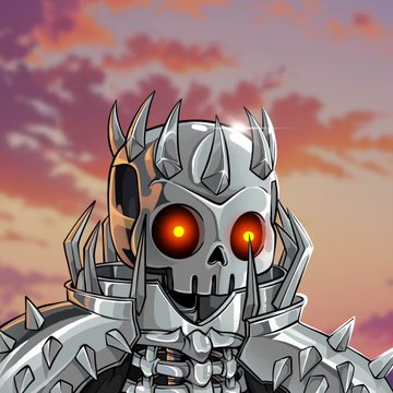 A menacing armored skeleton knight with glowing orange eyes and spiked metal armor stands against a pink sunset sky, embodying the fearsome "Ded Knight" NFT from the Order of DDG collection that recently sold twice in 8 hours for 0.72 ETH and then 1 ETH.