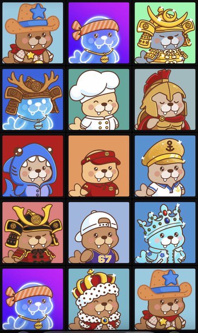 A grid of 15 cute cartoon bear characters dressed in various costumes including a cowboy, samurai, chef, Roman soldier, sailor, king, and pilot.