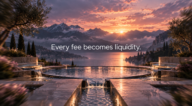 A serene sunset scene over an infinity pool with mountains and water features in the background, displaying the text "Every fee becomes liquidity." The image reflects the post's message about token burns (14.6M $WHEEL, 1.46% of supply), with the water imagery symbolizing liquidity flowing back to holders from burned fees.